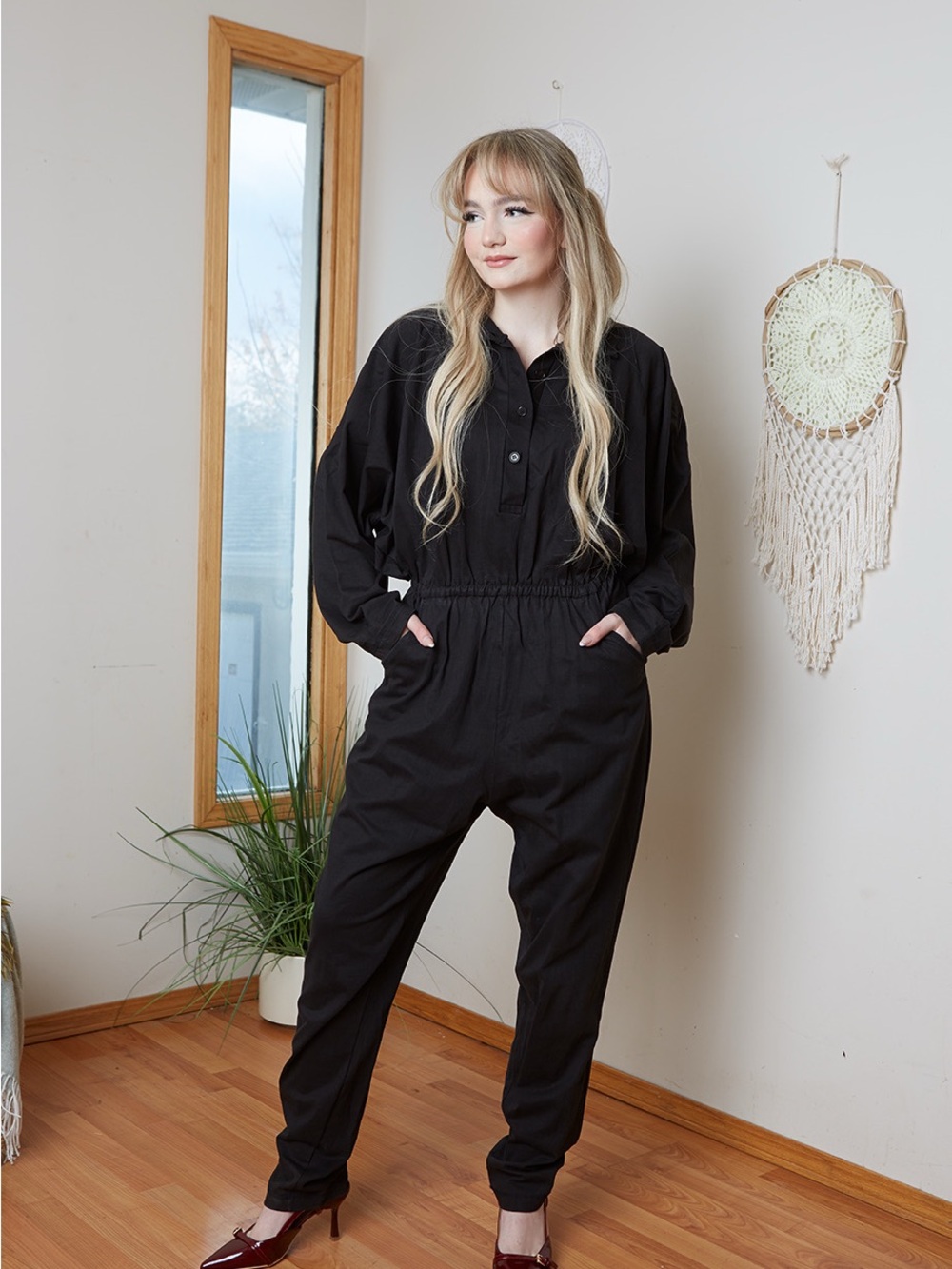 Vintage 80s Cotton blend Relaxed Black Women's Long-Sleeve Jumpsuit M